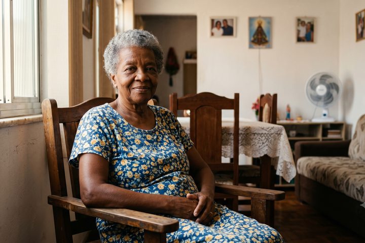 Idosa em casa, tranquila e digna