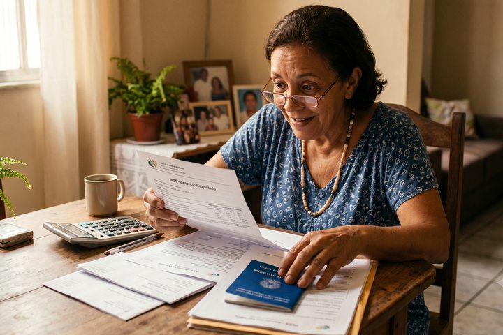 Beneficiária revisando documentos do INSS